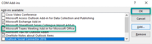لا يظهر زر Microsoft Teams في Outlook