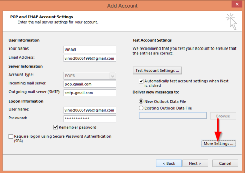 Параметры конфигурации GMail для настройки в Outlook для Windows