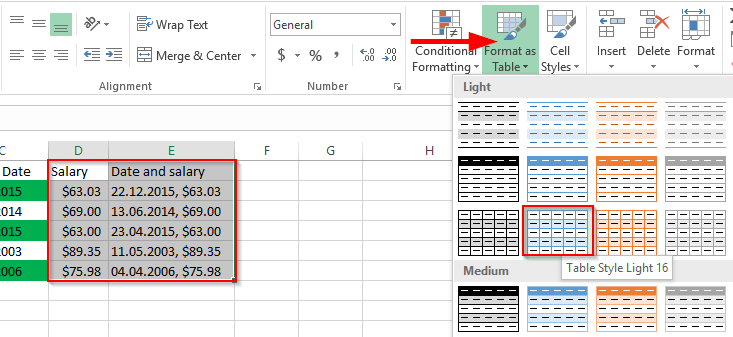 Excel 2016で代替の行または列を自動的に強調表示するにはどうすればよいですか？