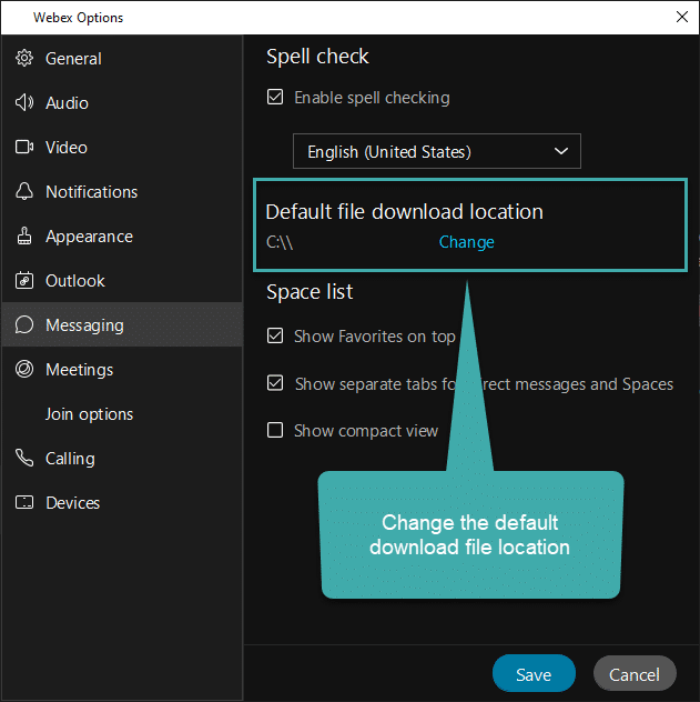 Wie ändere ich den Standardpfad für den Download-Speicherort von Webex-Dateien?