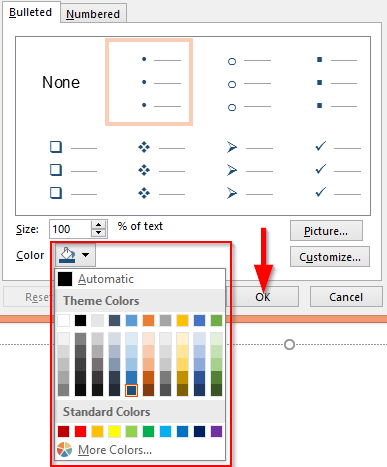 Cum se modifică colorarea gloanțelor în Word?