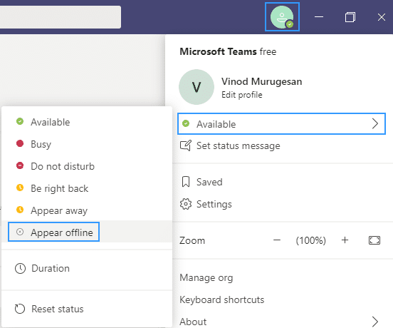 Microsoft Teams: tetapkan mesej dan status pejabat kepada luar talian