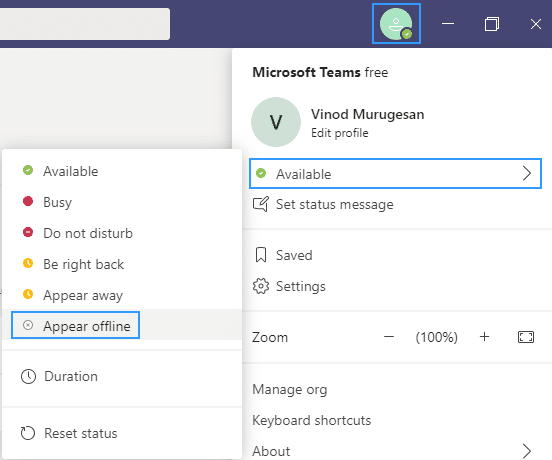 Microsoft Teams: chuyển trạng thái và thông báo ngoài văn phòng thành ngoại tuyến