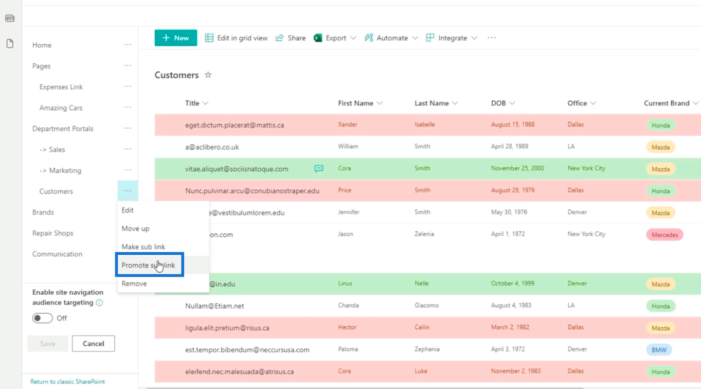 Ajout de la navigation de liste SharePoint