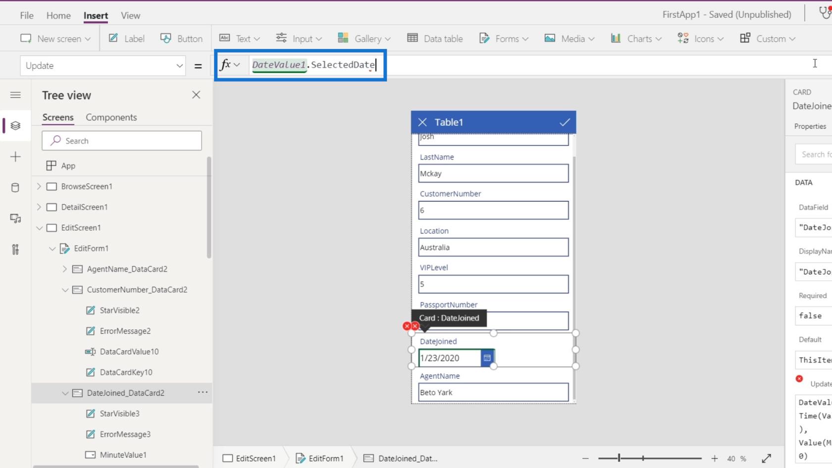 PowerApps 屏幕：編輯和更新