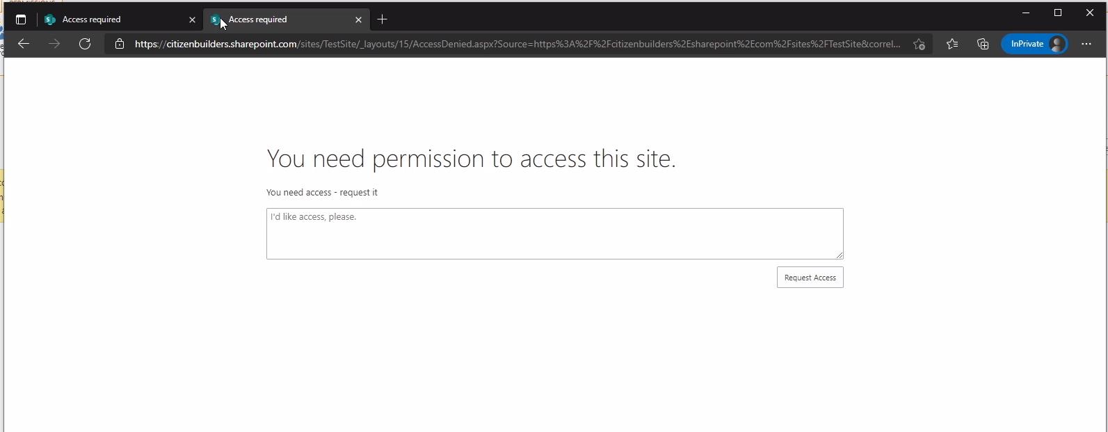 Personnalisation de la demande d'accès au site SharePoint