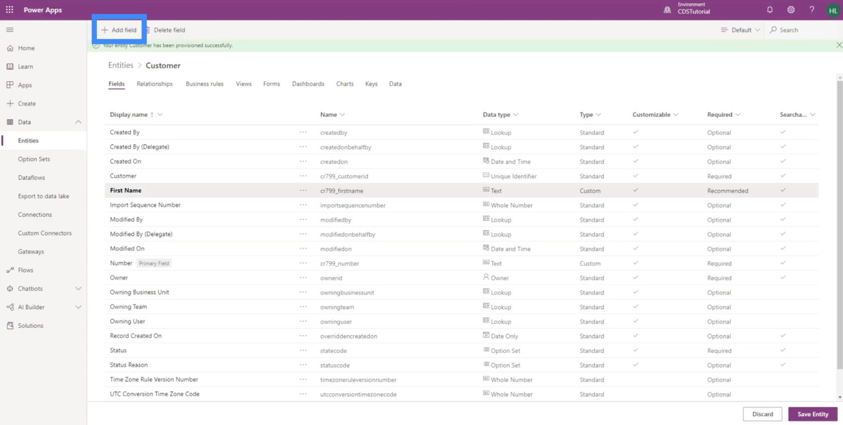 PowerApps 實體：如何添加不同類型的字段