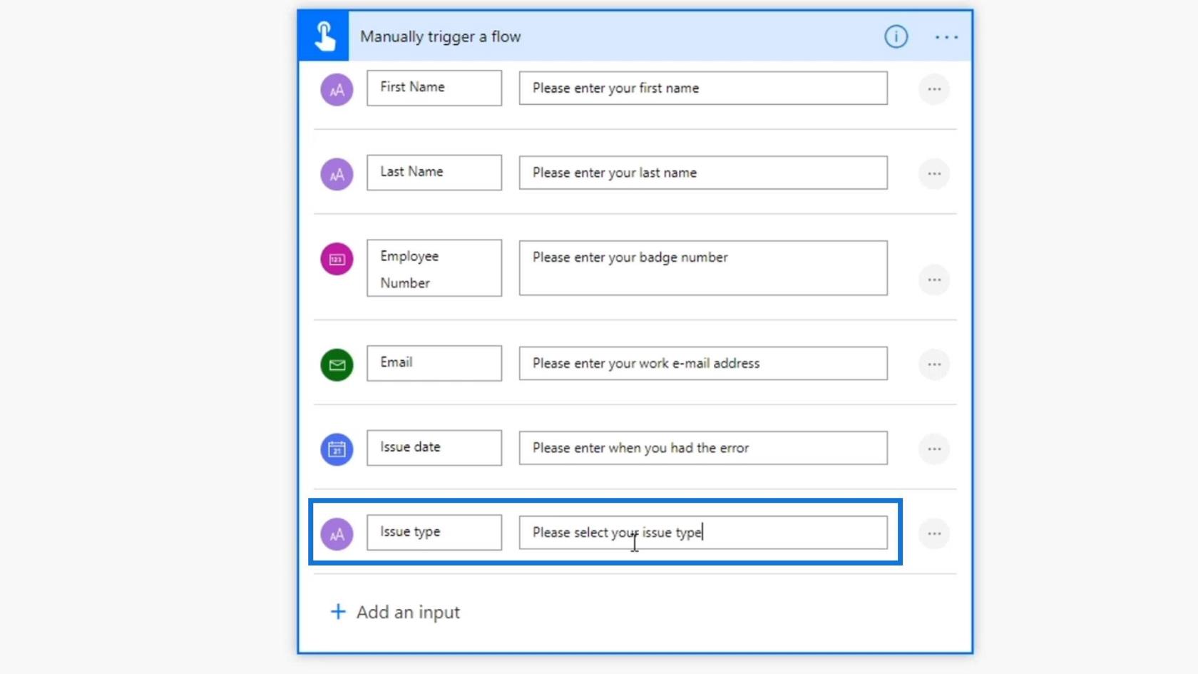 مدخلات سير العمل في Microsoft Power Automate