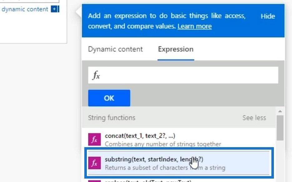 Funções de string do Power Automate: Substring e IndexOf