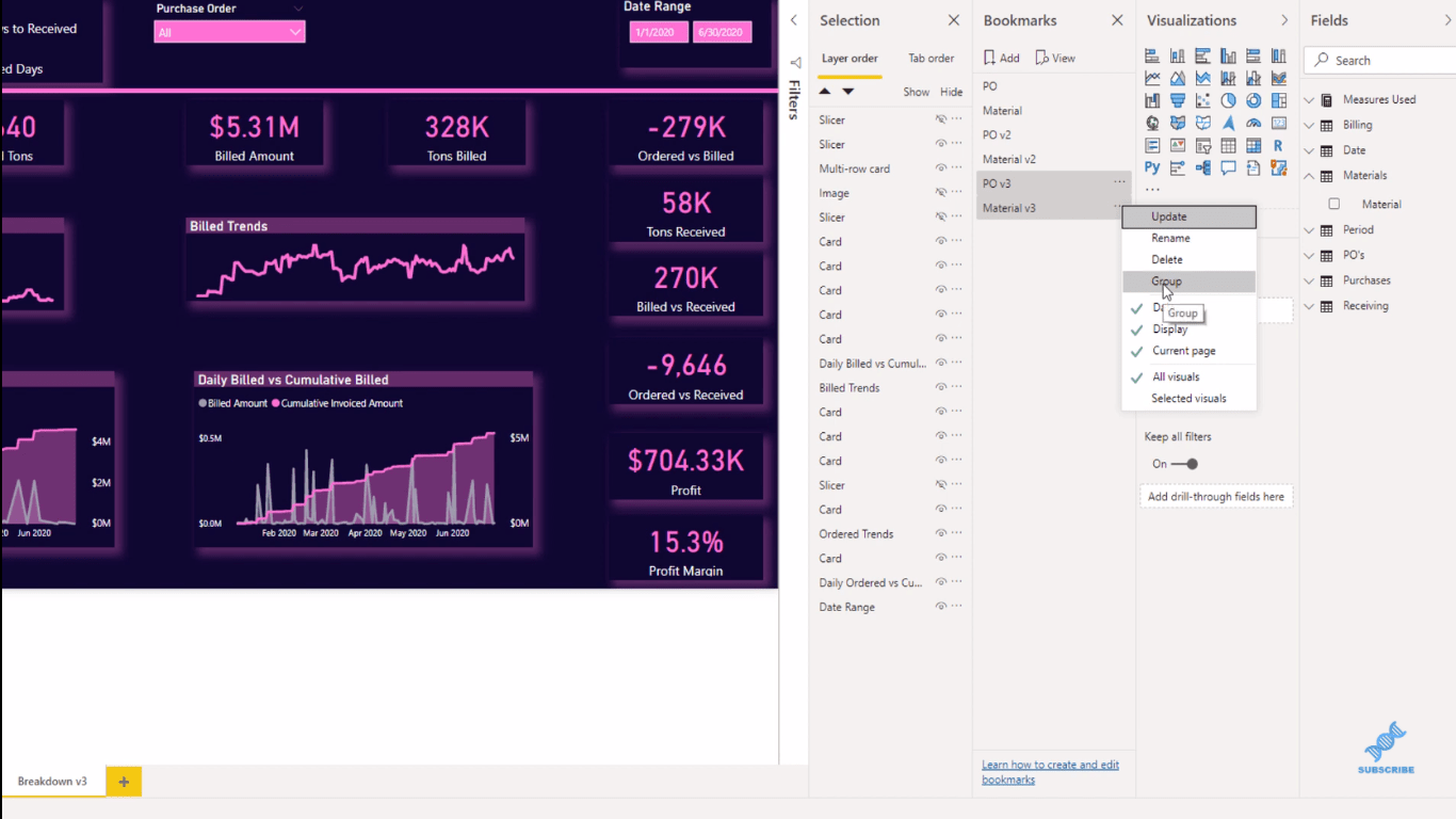 Signets dans LuckyTemplates - Regroupement par page de rapport