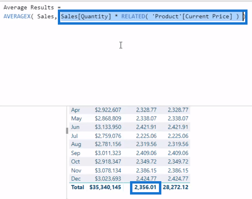 Calculs DAX : total des résultats moyens