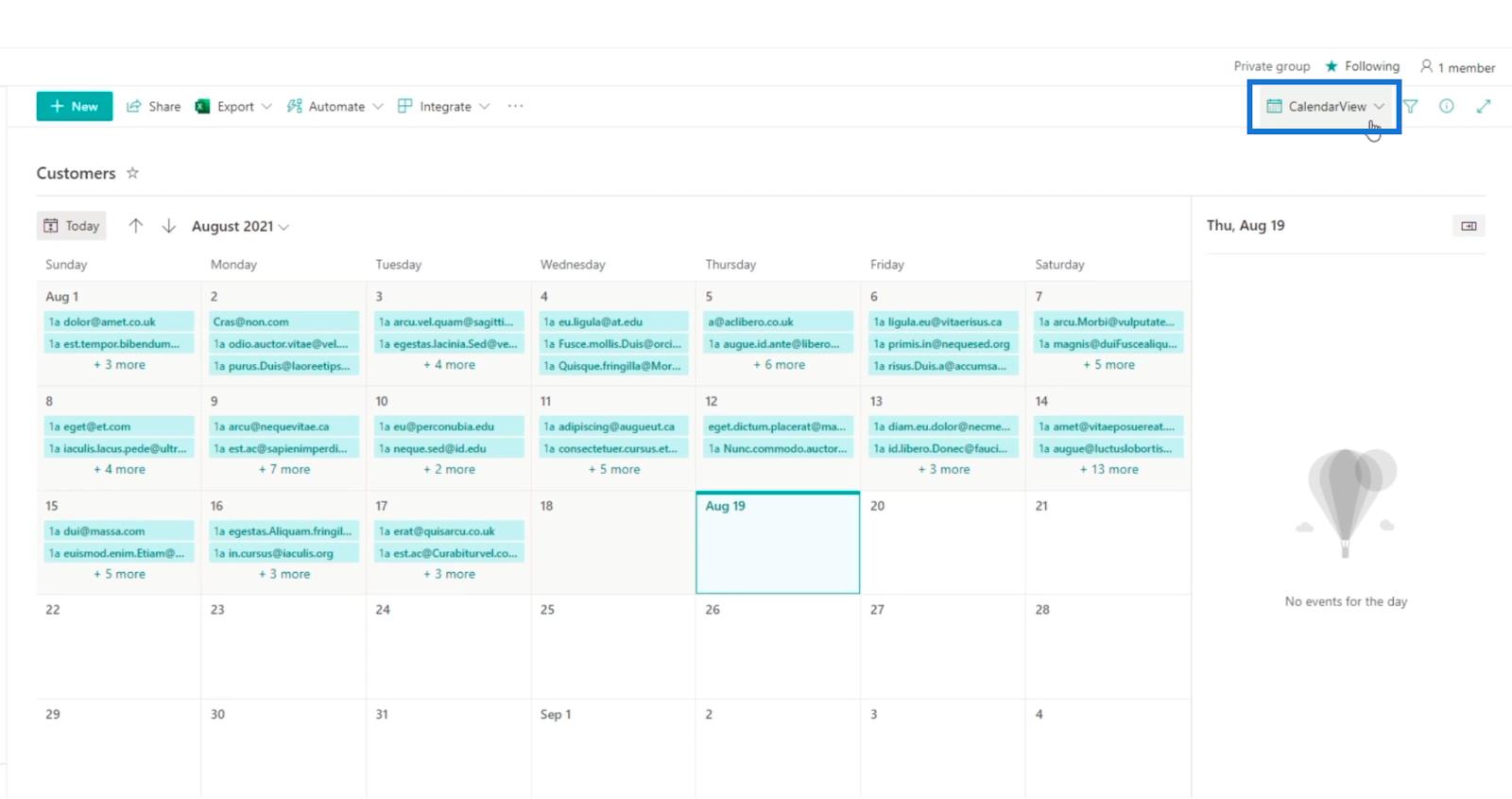 La vue du calendrier de la liste SharePoint