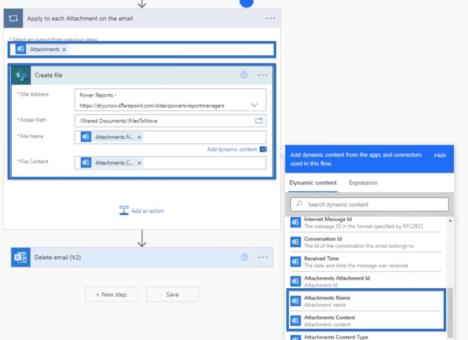 Enregistrer la pièce jointe d'un e-mail sur SharePoint avec Power Automate