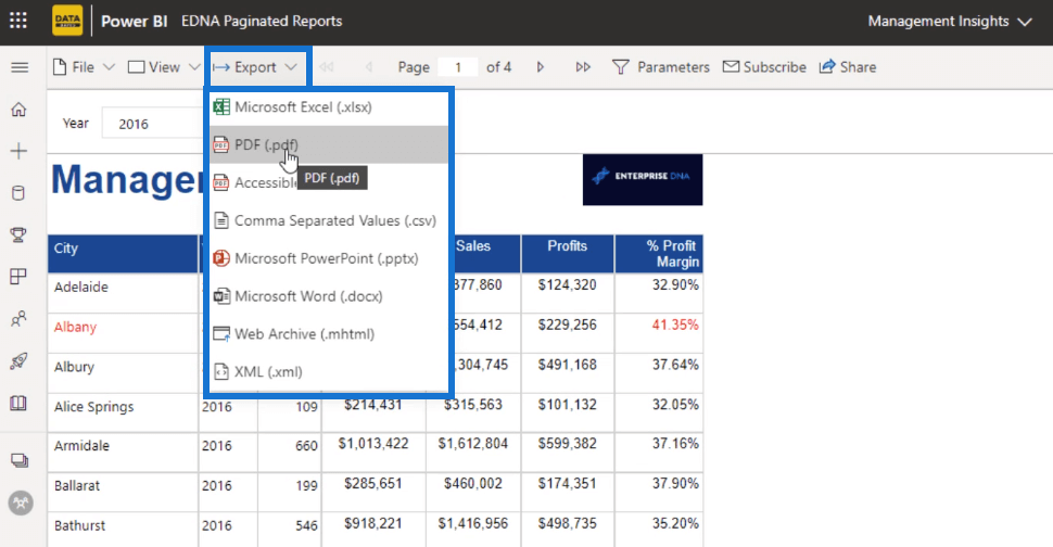 Rapports paginés dans LuckyTemplates : Comment publier et exporter