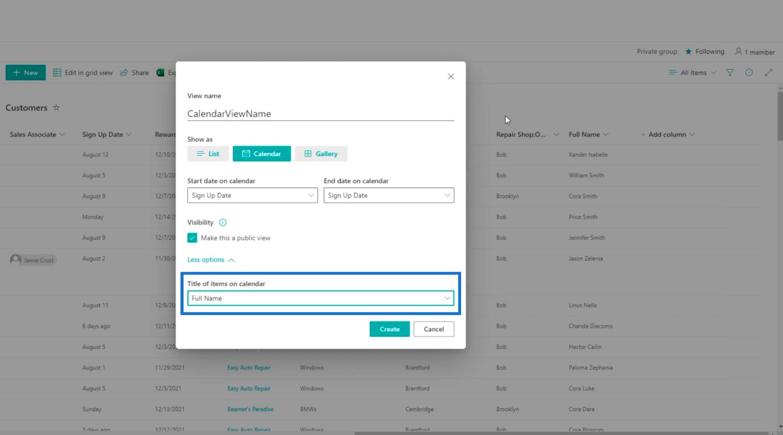 La vue du calendrier de la liste SharePoint