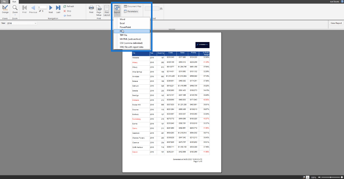 Rapports paginés dans LuckyTemplates : Comment publier et exporter