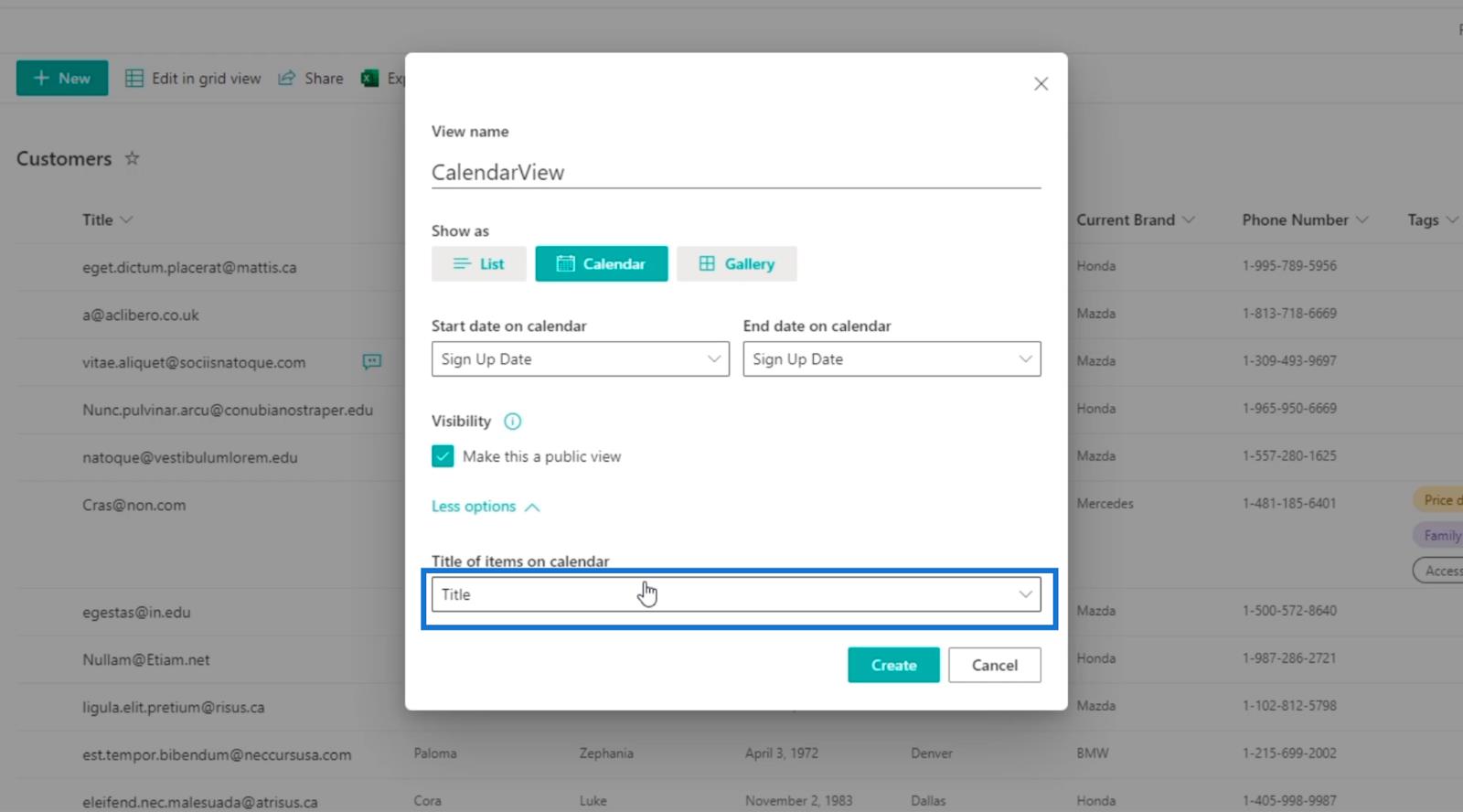 La vue du calendrier de la liste SharePoint