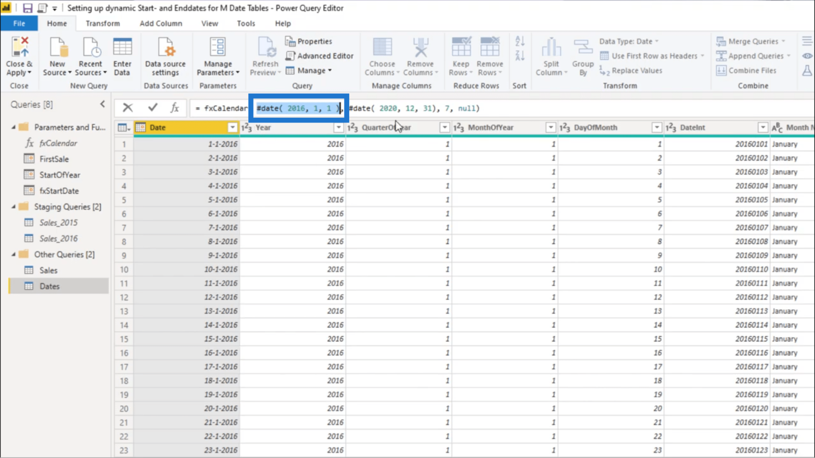 Configuration d'une date de début et d'une date de fin dynamiques pour les tables de dates Power Query