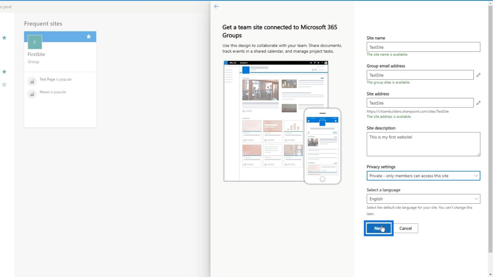 SharePoint 教程：創建新網站