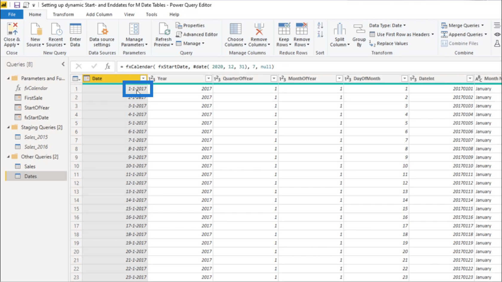 Configuration d'une date de début et d'une date de fin dynamiques pour les tables de dates Power Query