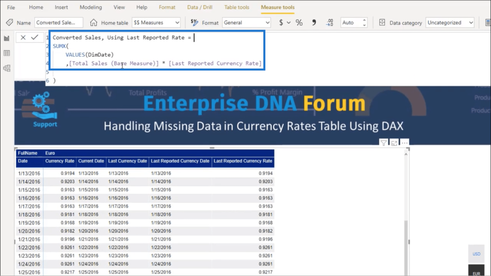 貨幣匯率表——使用 DAX 計算缺失數據