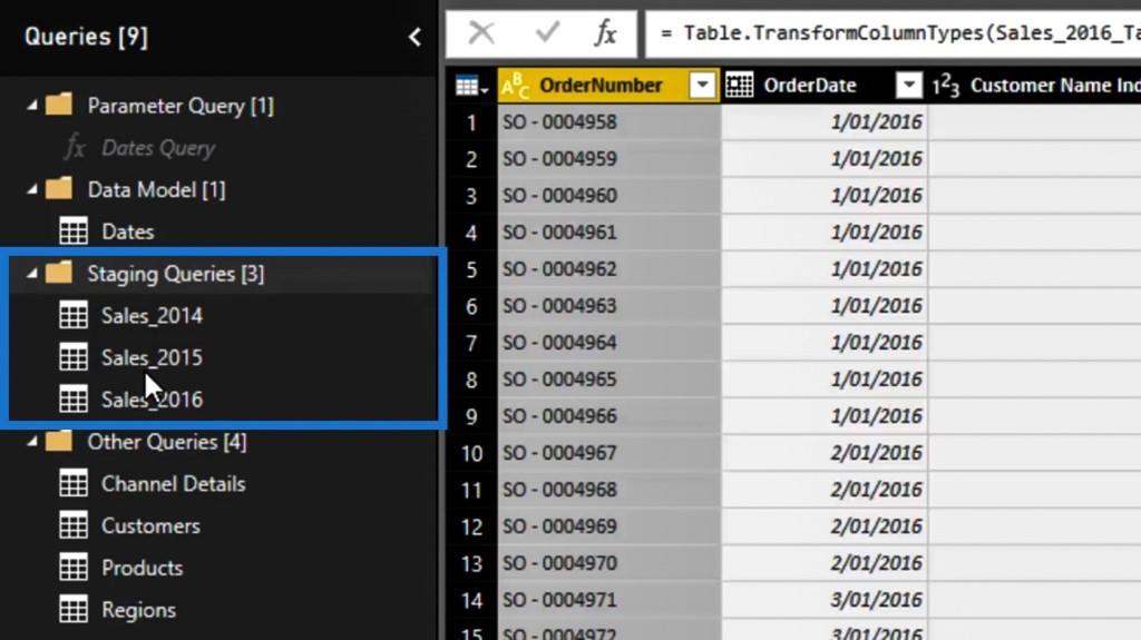 Power Query Editor: Staging-Abfragen