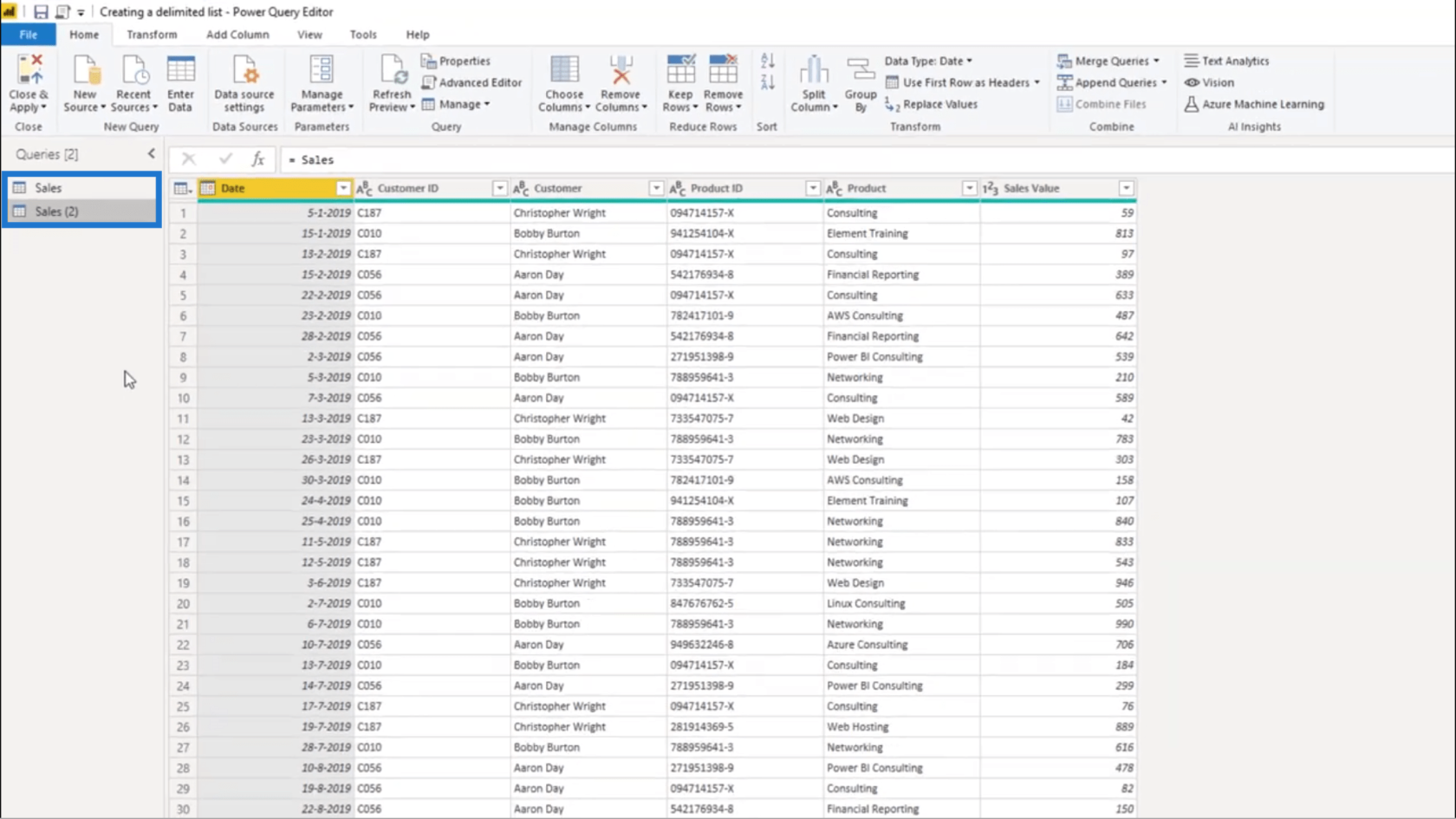 Créer une liste délimitée dans Power Query - Tutoriel de l'éditeur de requête