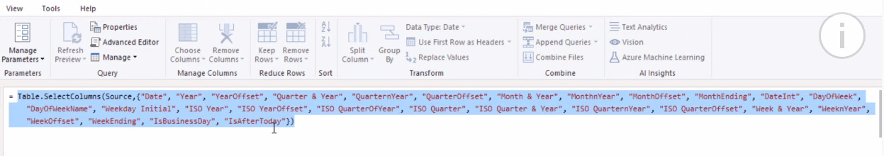 Table de dates étendue Fonction Power Query M