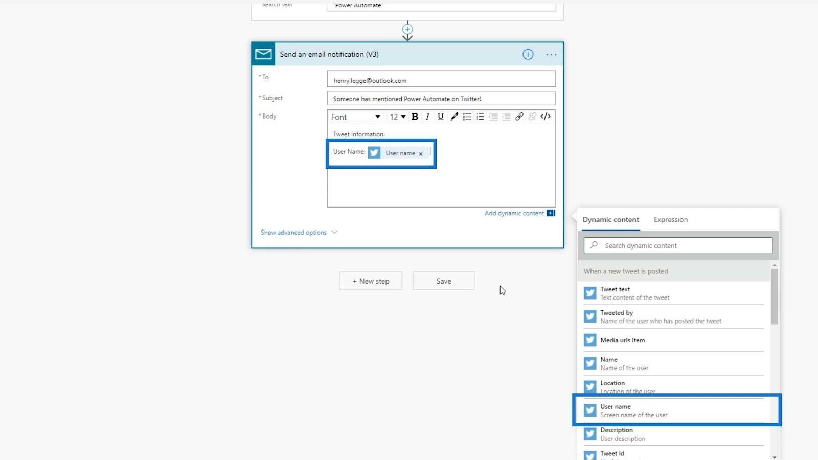 Présentation du contenu dynamique de Power Automate