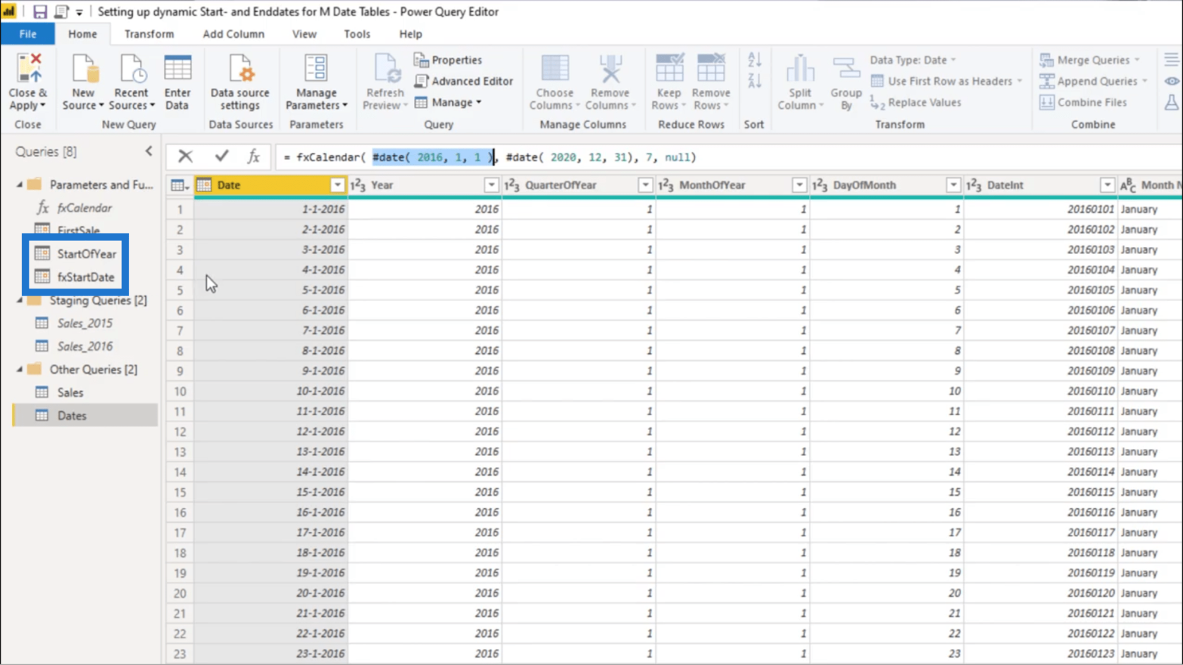 Configuration d'une date de début et d'une date de fin dynamiques pour les tables de dates Power Query