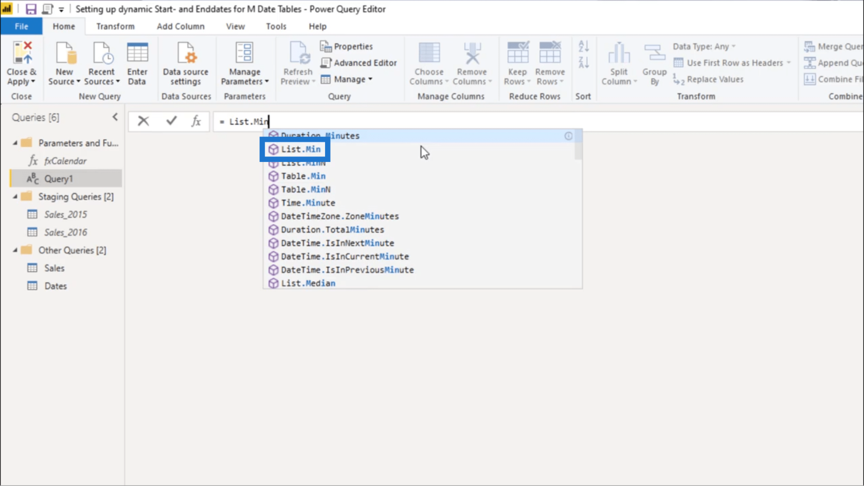 Configuration d'une date de début et d'une date de fin dynamiques pour les tables de dates Power Query