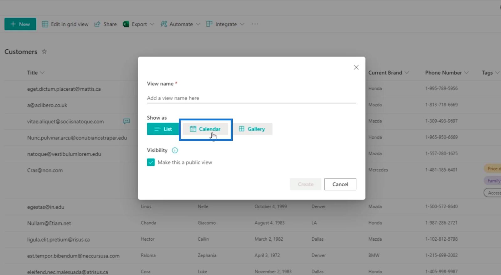 La vue du calendrier de la liste SharePoint