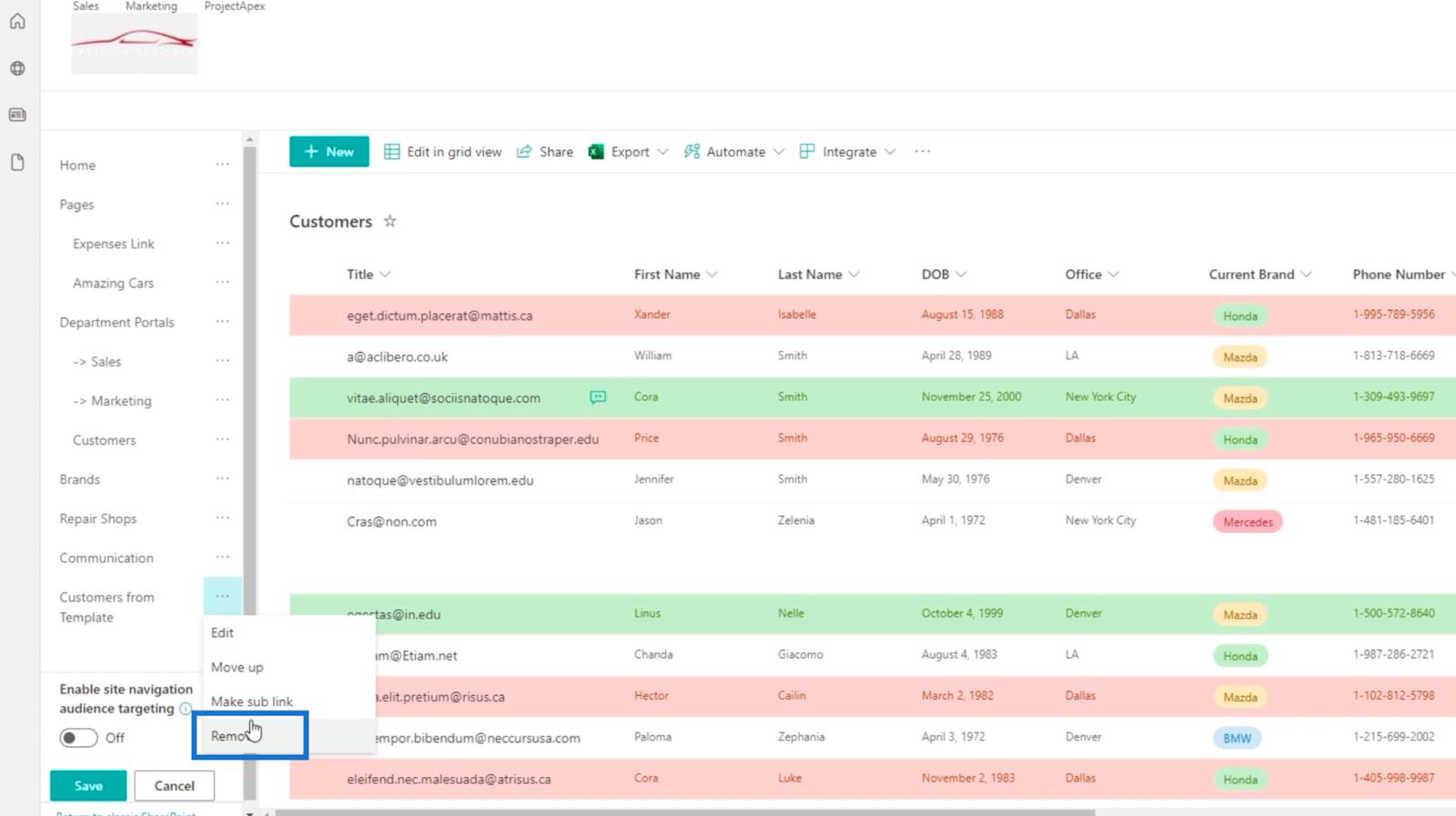 Ajout de la navigation de liste SharePoint