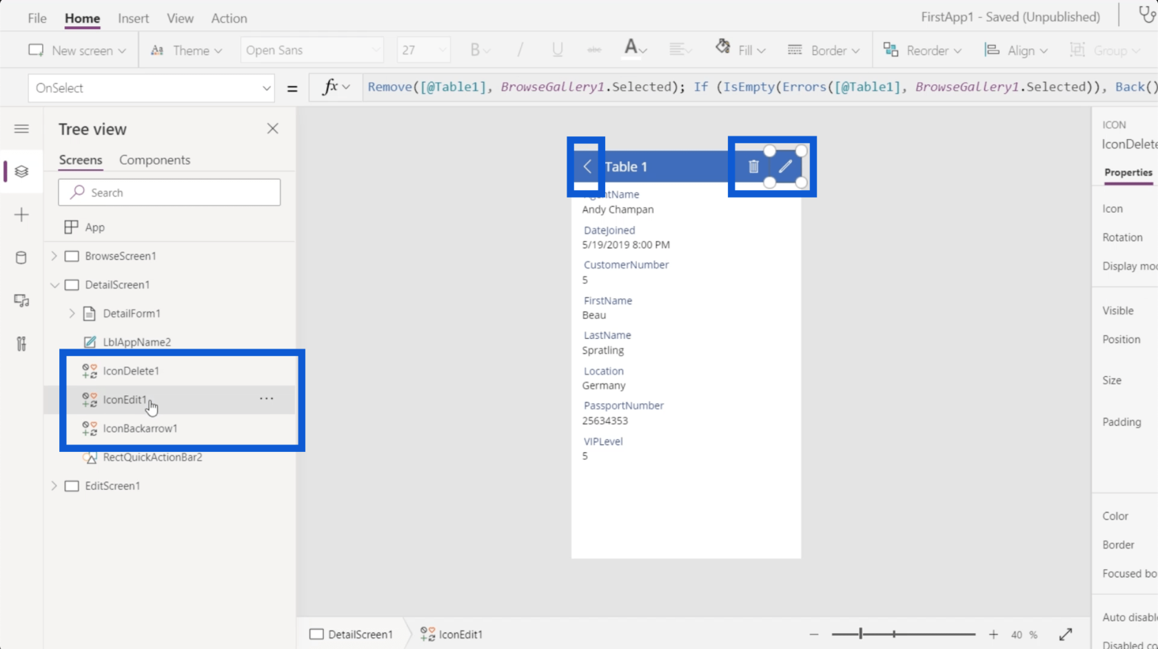 Formulaires Power Apps et cartes de données dans l'écran de détail