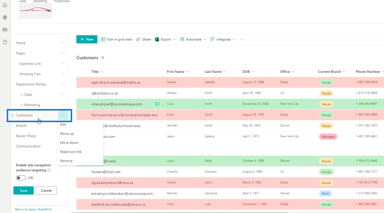 Ajout de la navigation de liste SharePoint