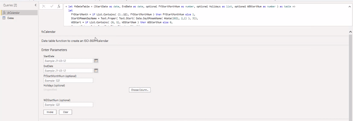 Table de dates étendue Fonction Power Query M