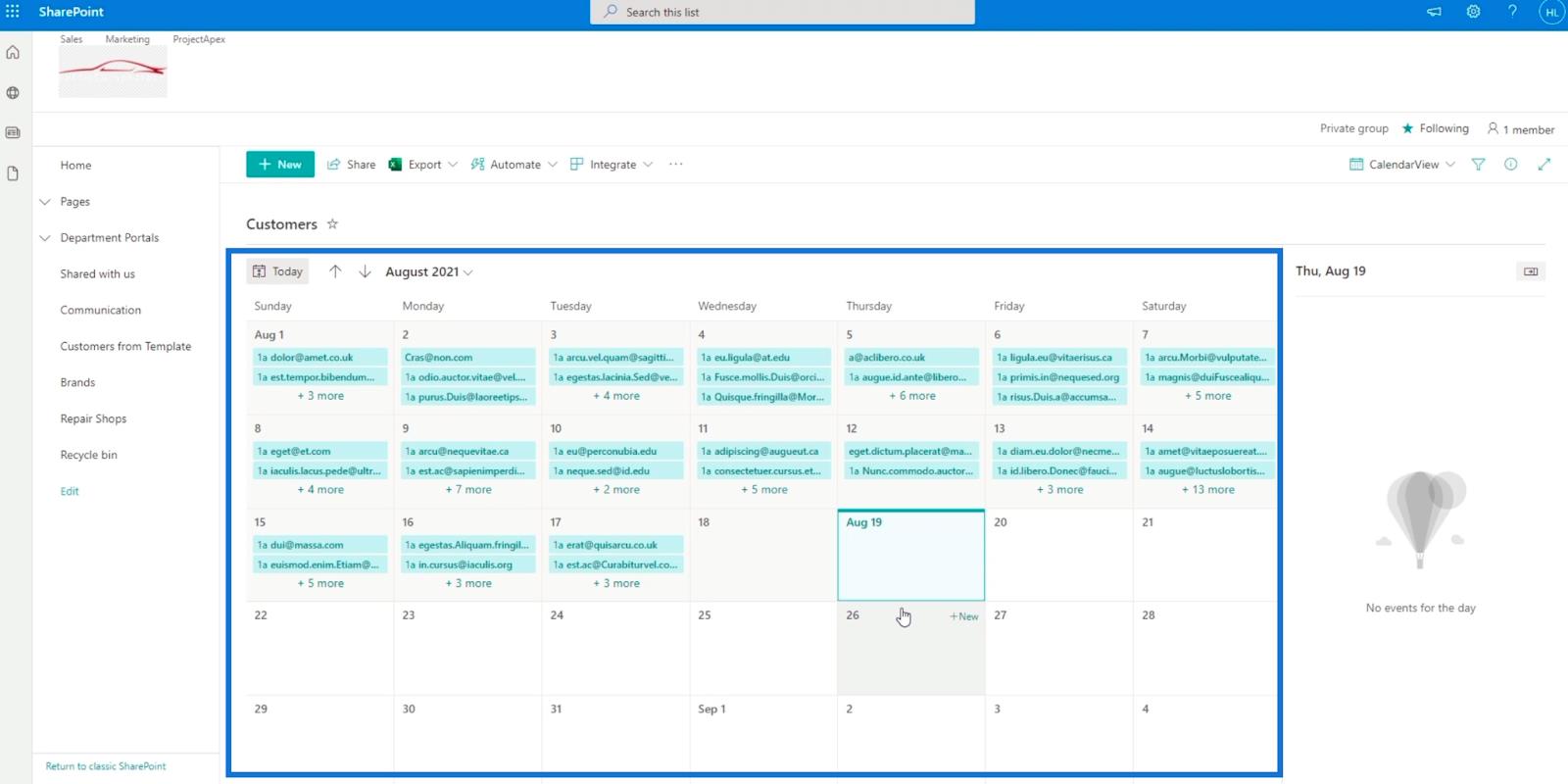 La vue du calendrier de la liste SharePoint