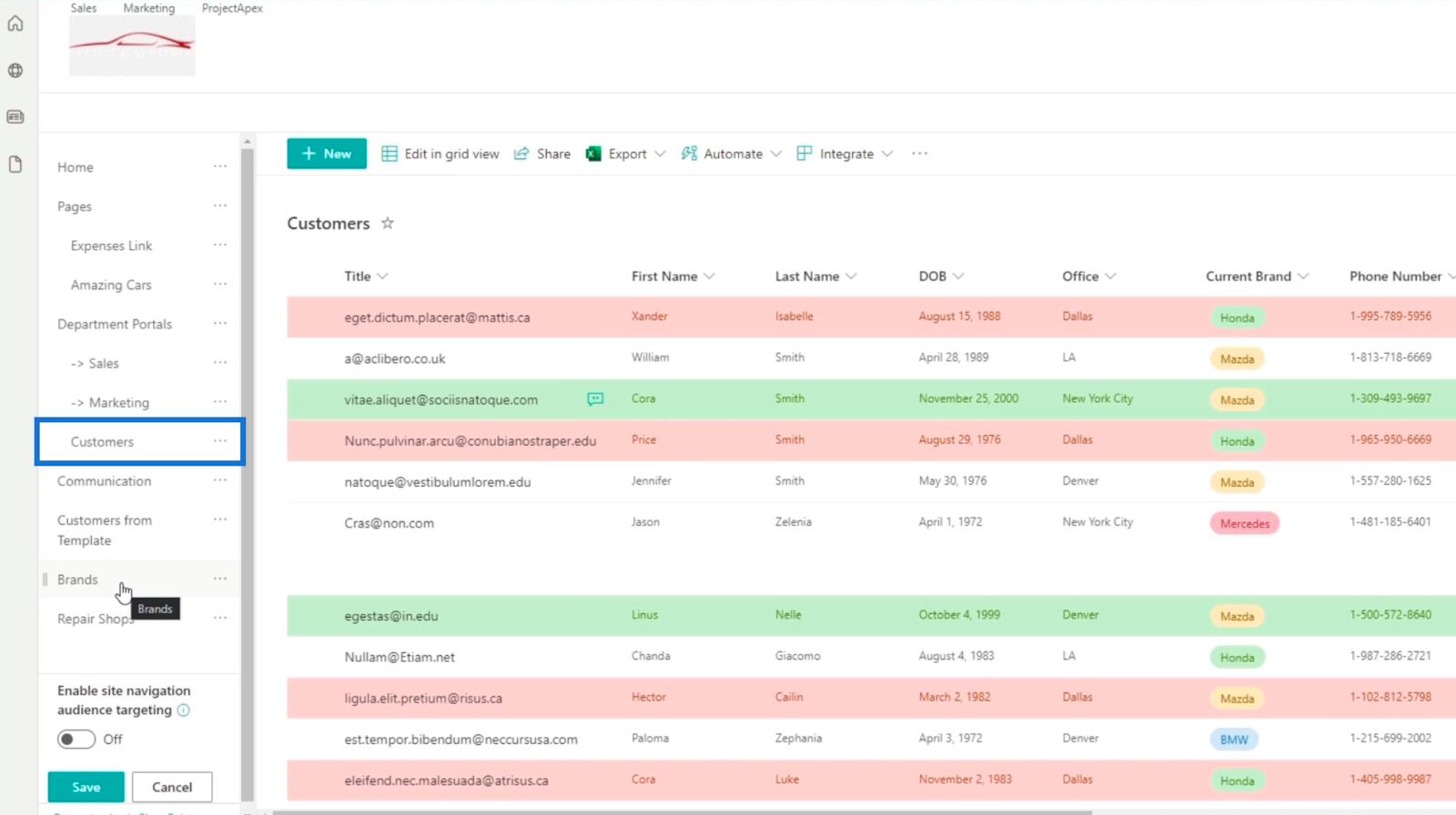 Ajout de la navigation de liste SharePoint