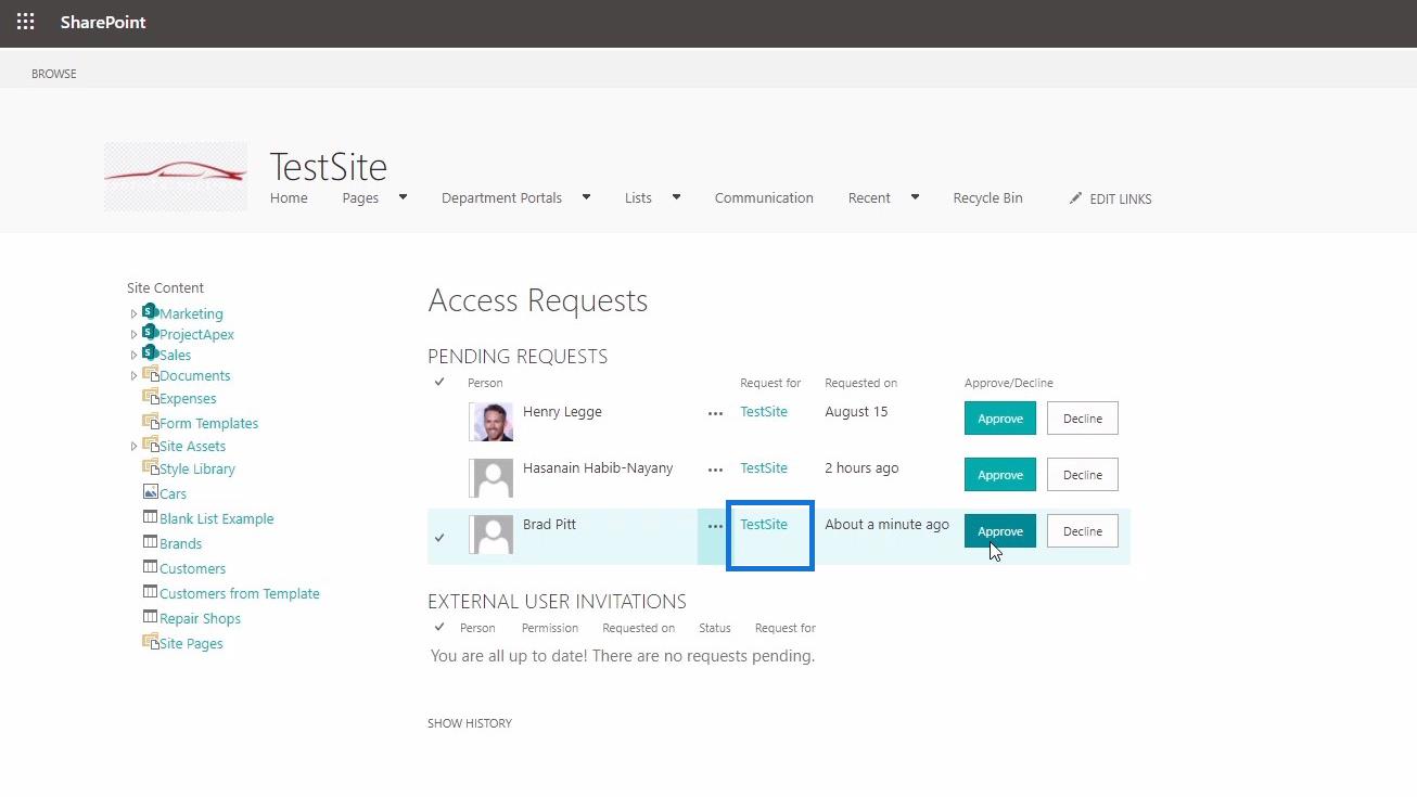 Personnalisation de la demande d'accès au site SharePoint