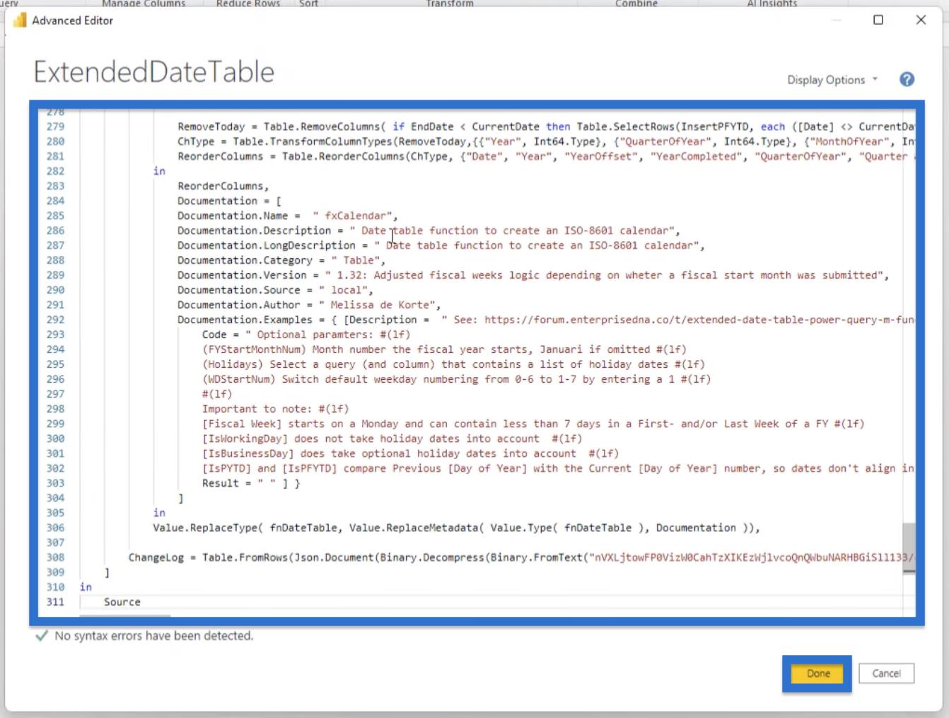 Présentation de la table de dates étendue Power Query V2