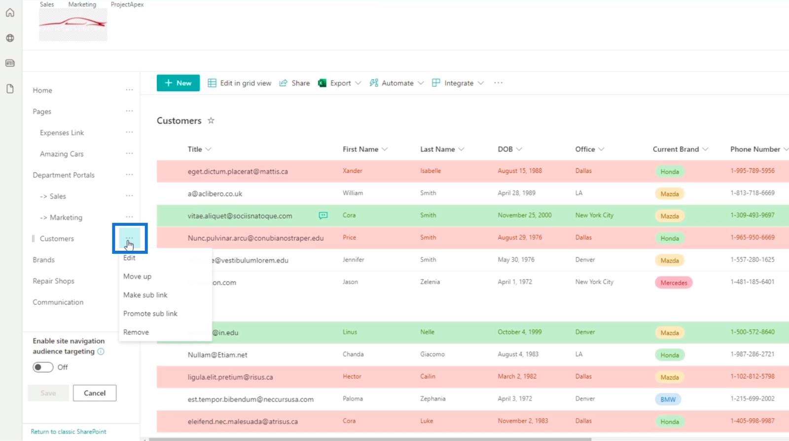 Ajout de la navigation de liste SharePoint