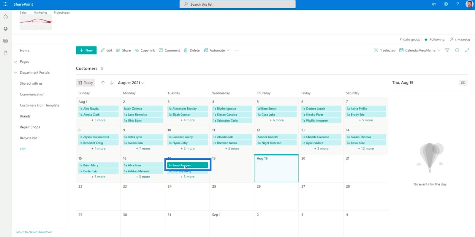 La vue du calendrier de la liste SharePoint