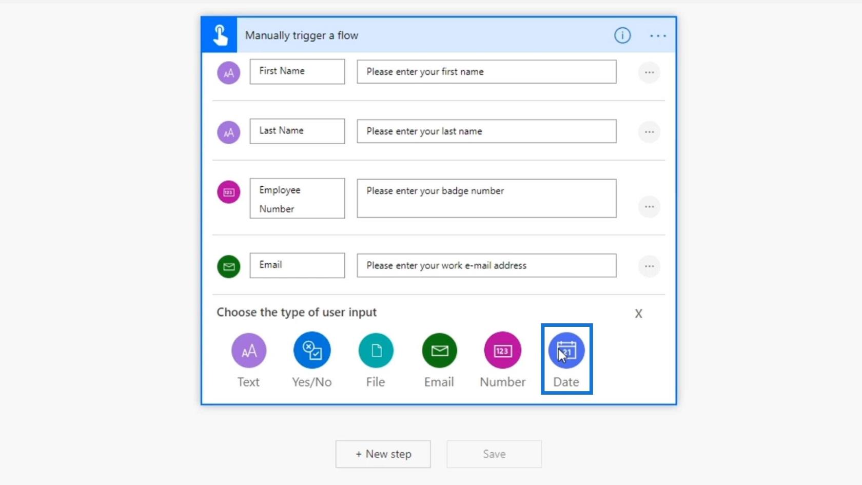 Entradas de fluxo de trabalho no Microsoft Power Automate