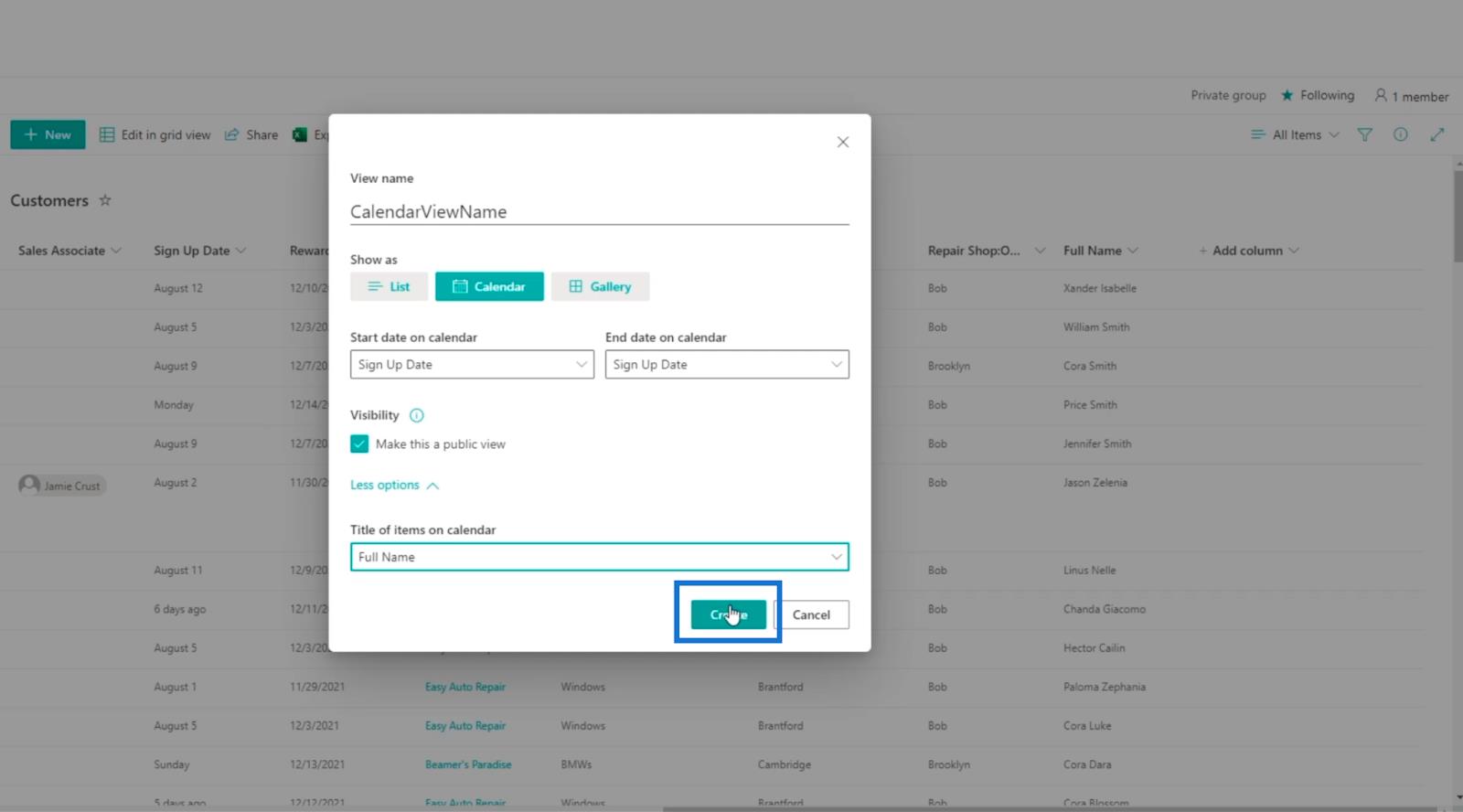 La vue du calendrier de la liste SharePoint