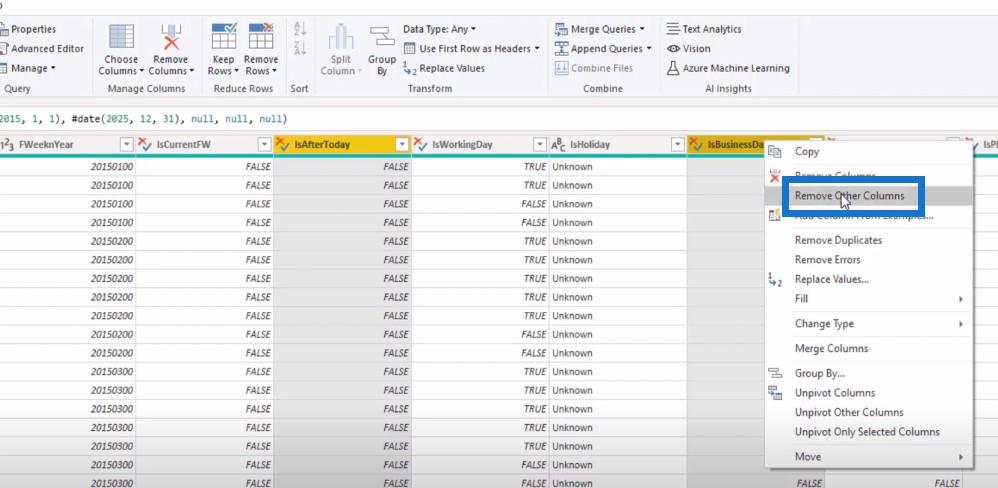 Table de dates étendue Fonction Power Query M