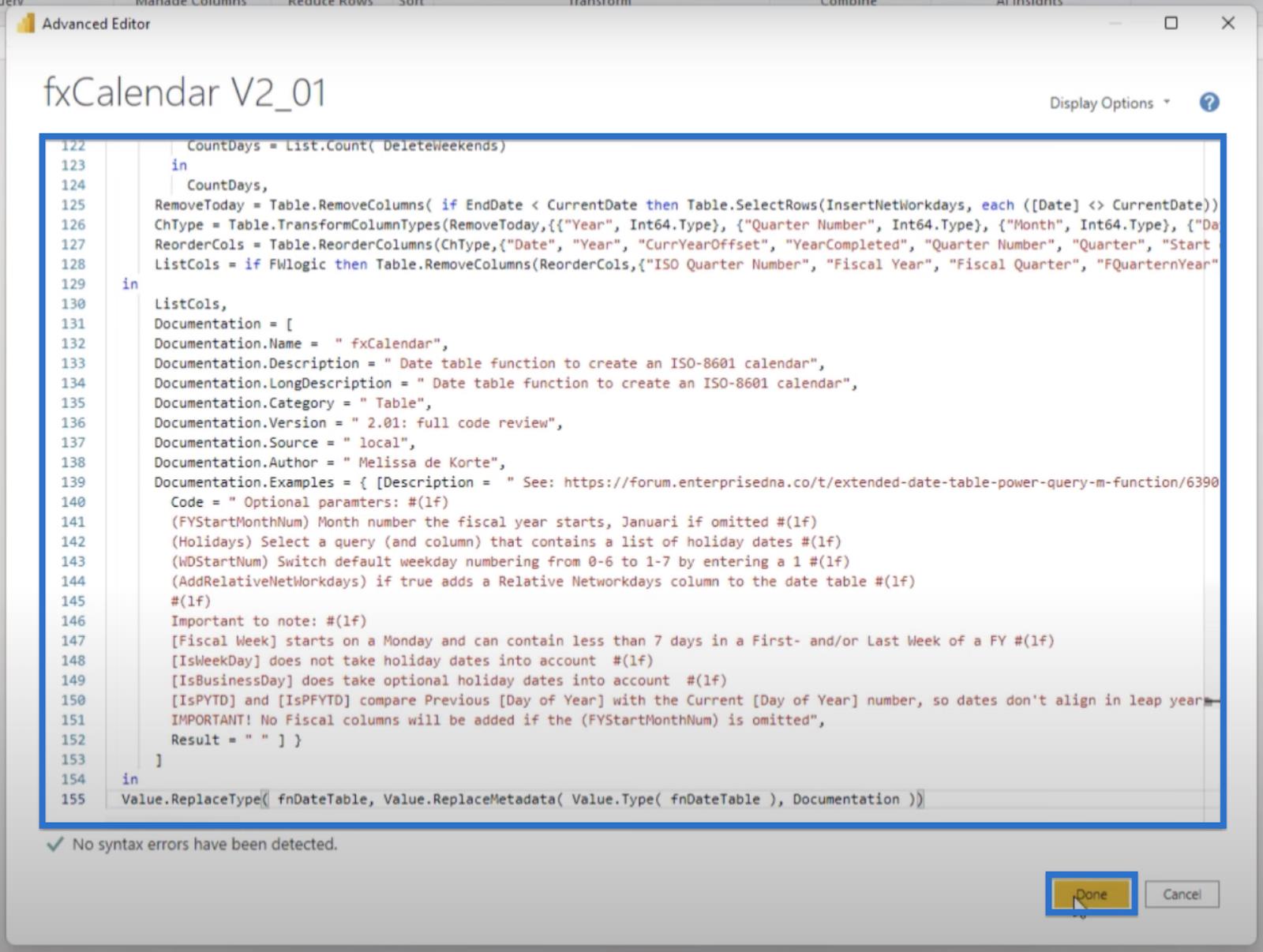 Présentation de la table de dates étendue Power Query V2