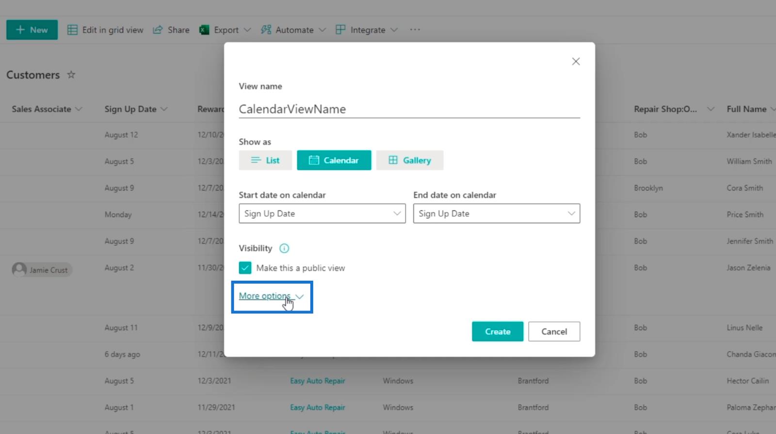 La vue du calendrier de la liste SharePoint