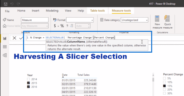 مثال SELECTEDVALUE DAX- حصاد اختيار أداة تقطيع الشرائح