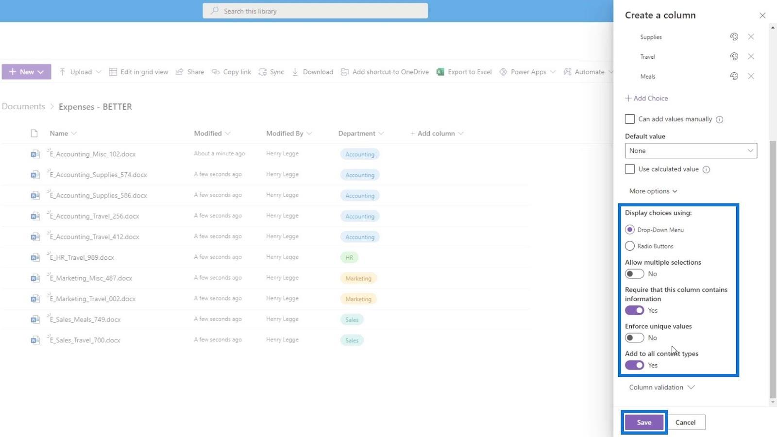 使用列在 SharePoint 中添加元數據