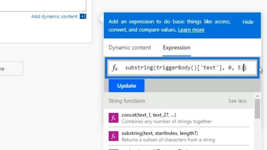 Funções de string do Power Automate: Substring e IndexOf